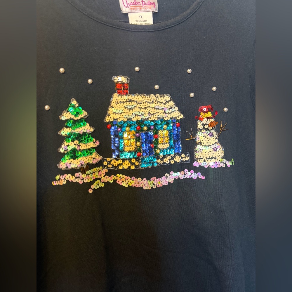 Quacker Factory 1X Sequin & Pearl Embellished Christmas Sweater 100% Cotton - Picture 2 of 9